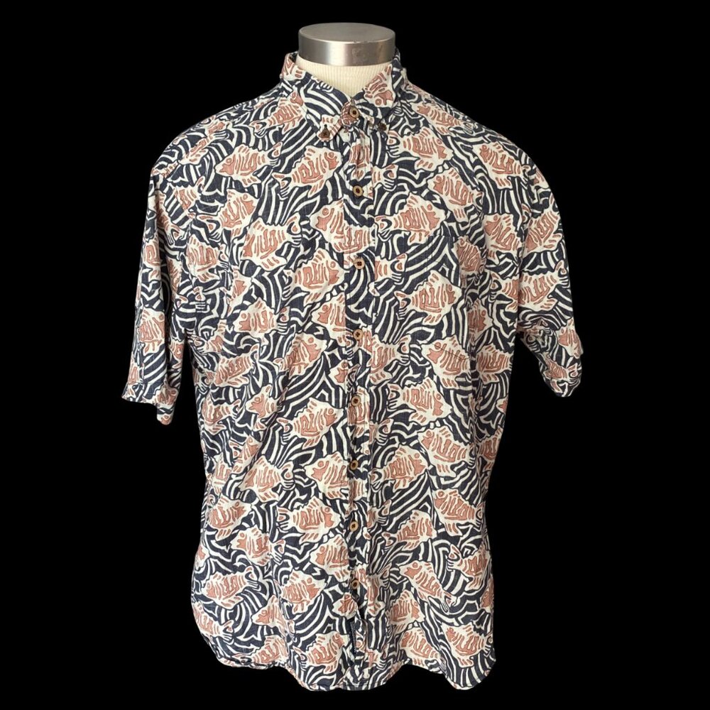 Men's Reyn Spooner Black & Red Skeleton Fish SS Button Down Shirt- Size XL